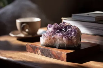 Raw amethyst cluster on wooden slab next to cup of tea and books