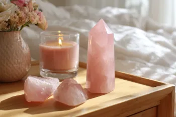 Rose quartz tower and raw chuncks on wooden bedside table