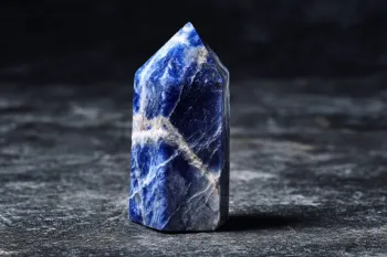 Sodalite crystal tower showing deep blue color and white calcite veining