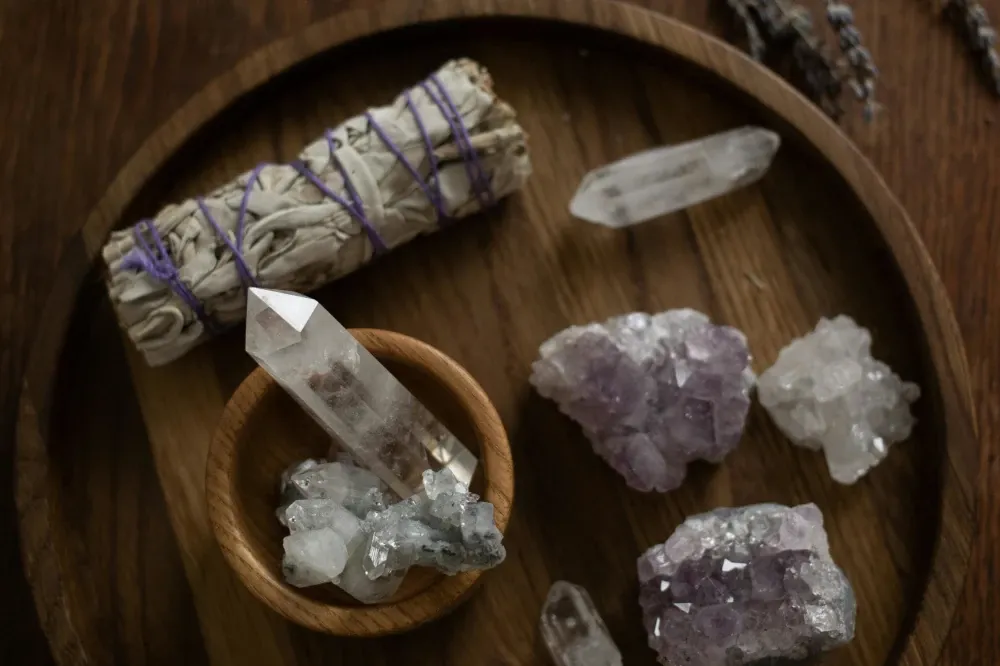 Crystal quartz crystals preparing to be energetically cleansed