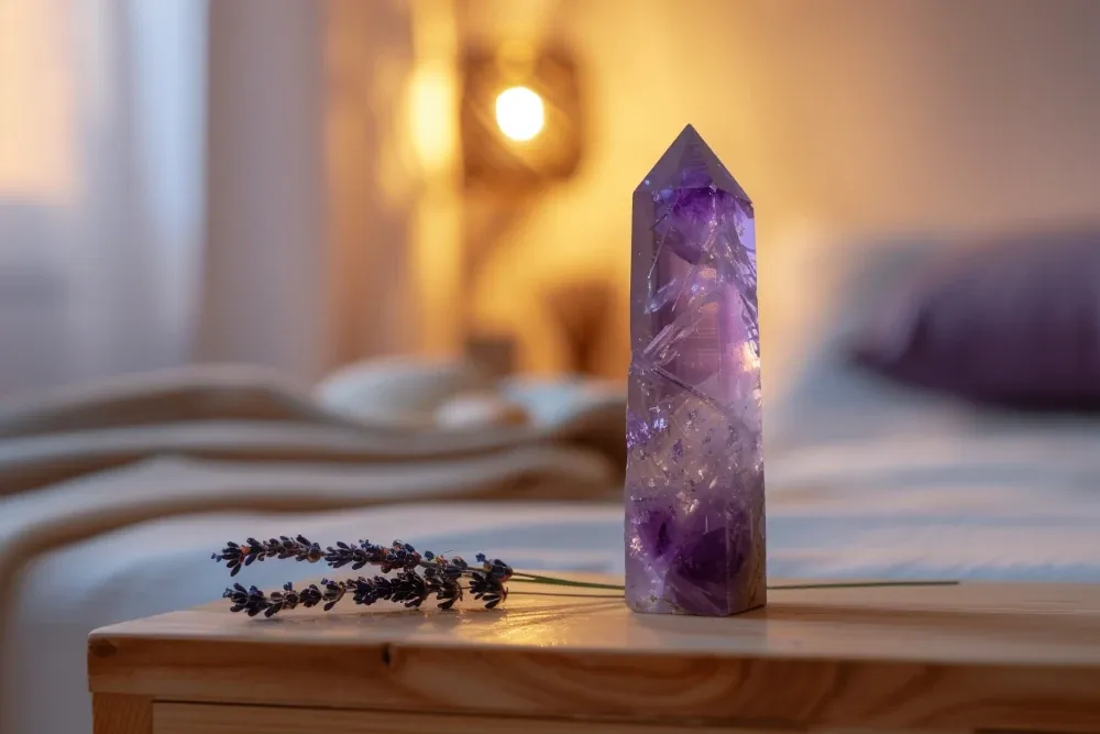 Amethyst crystal tower point on wooden nightstand beside glowing bedside lamp with dried lavender sprig for sleep and relaxation