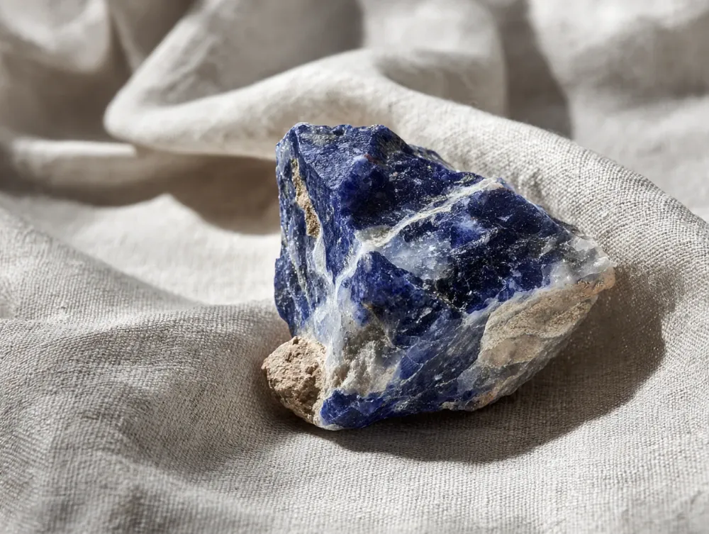 raw sodalite mineral specimen showing deep blue color and white calcite veining