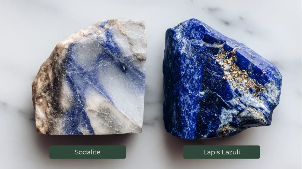 sodalite vs lapis lazuli side by side comparison showing white calcite veining in sodalite and gold pyrite flecks in lapis lazuli