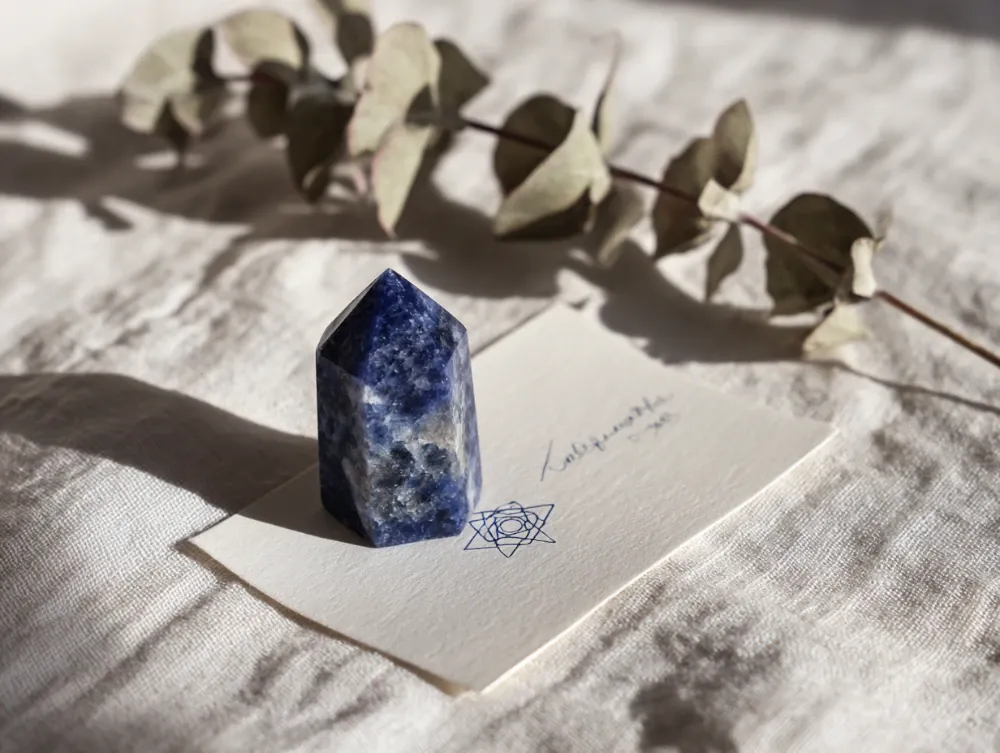 sodalite crystal tower on chakra symbol card with eucalyptus, spiritual meaning of sodalite